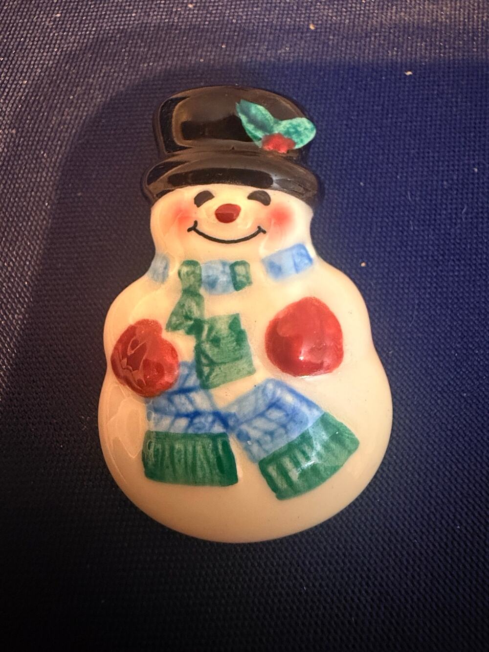 Vintage Signed HMK Co Ceramic Snowman Brooch